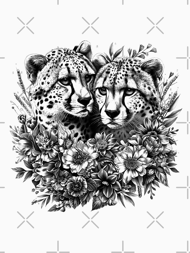 Cheetahs with Flowers – Black and White Elegant Wildlife Floral Illustration by inkoutninja