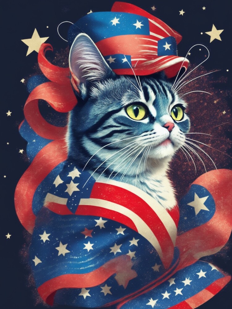 Sparkling Independence - Patriotic Cat with Star-Spangled Hat by LEVI SALVIAN JANITRA