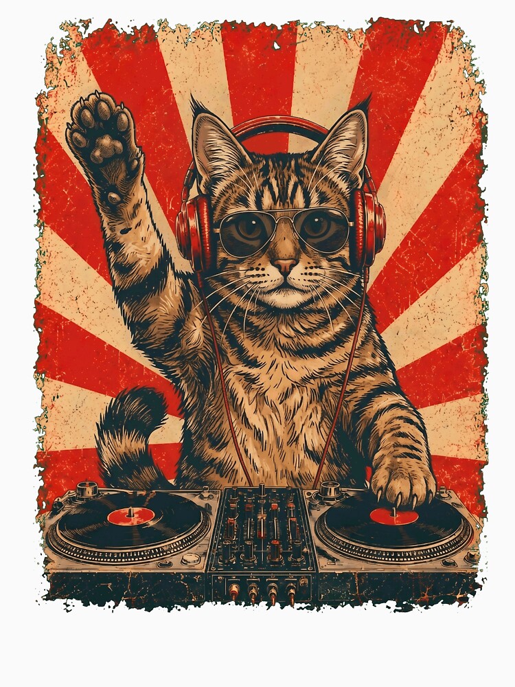 Vintage DJ American Bobtail With Headphones Art Cat Owner by DoodleTortle