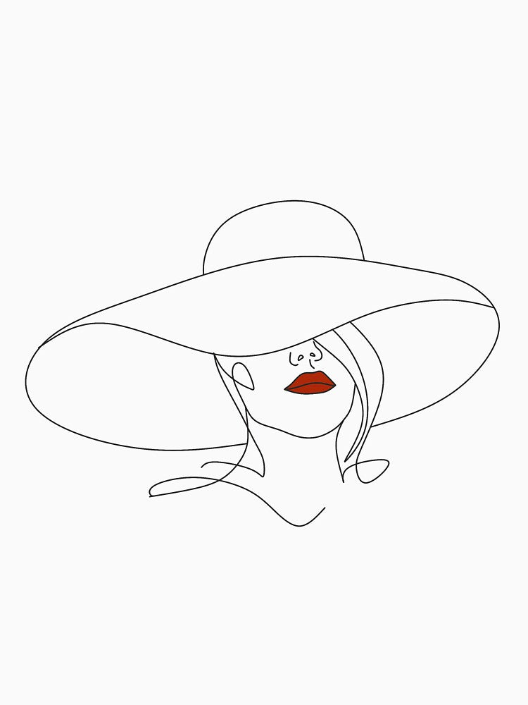 Girl in a hat with red lips.Abstract girl with hat with by line art vector drawing. Portrait minimalistic style. Beaty salon logo. by Nina Velychko