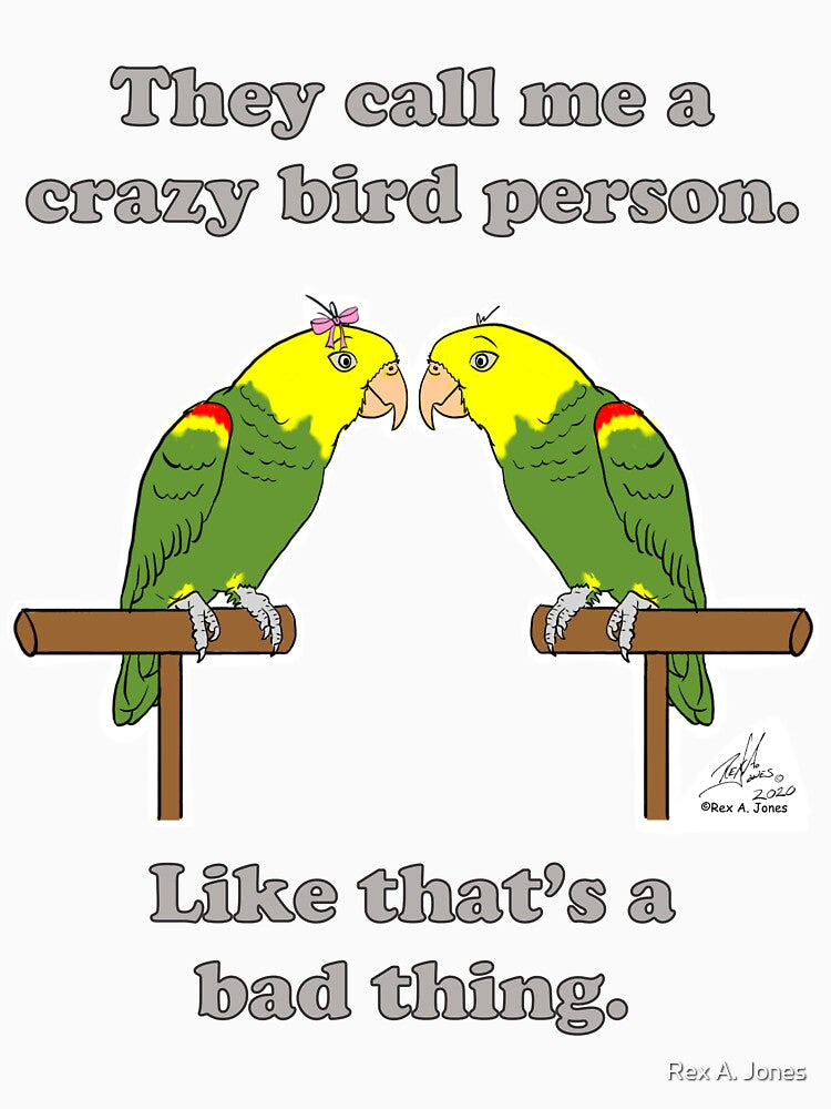 Crazy Bird person with double yellow-headed amazon by Laughing Parrot Studio