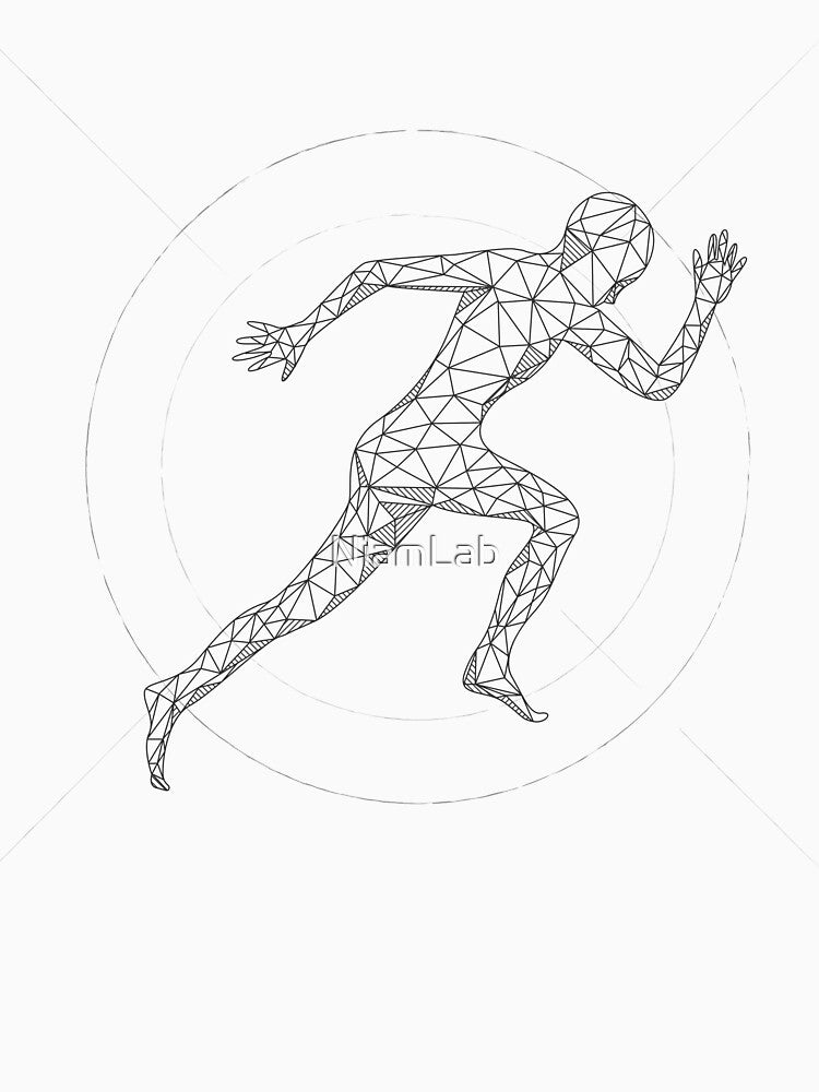 technological polygonal man running, blueprint of of low poly man by NiamLab