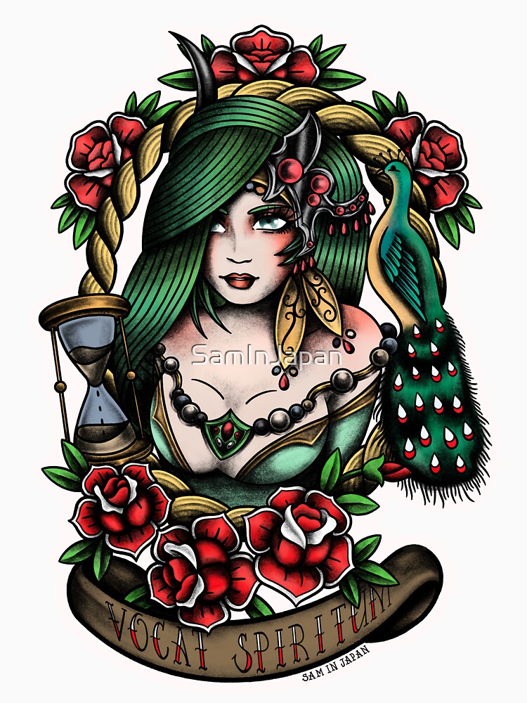 "Vocat Spiritum" Rydia from Final Fantasy 4 (FFIV) in American Traditional Tattoo Portrait Style by SamInJapan