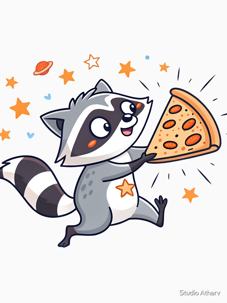 Mischievous Raccoon Stealing Pizza Minimalist Cartoon T-Shirt Design by Studio Atharv