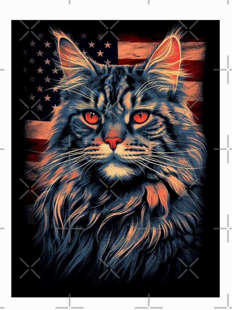 Patriotic Maine Coon - Flag in Background by ZenEverAI