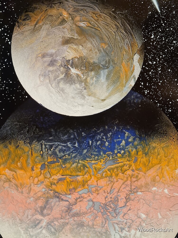 Spray paint art overlapping planets by WoodRocksArt
