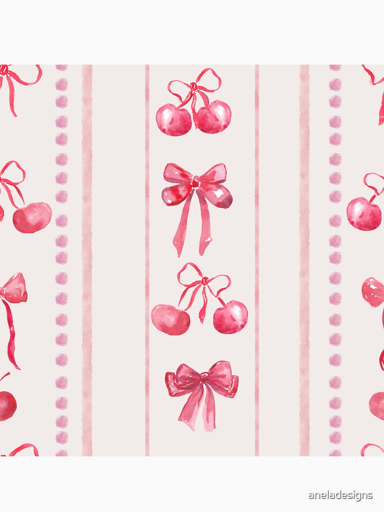 Pink &Red CuteCoquette Preppy Aesthetic Bows and Cherries Stripes in Watercolor by aneladesigns