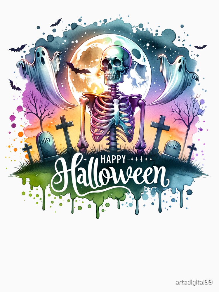 Haunted Cemetery Night – Skeletons, Ghosts & Bats Under Full Moon by artedigital99