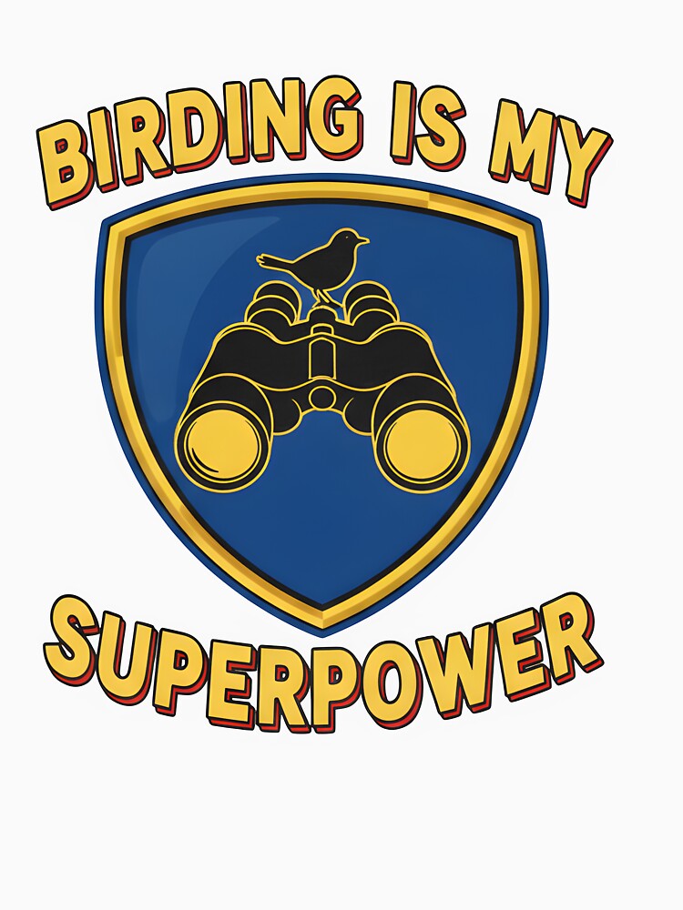 Birding Is My Superpower T-Shirt | Funny Birder Gift with Binoculars & Bird Silhouette in Hero Emblem by NatureNookTees