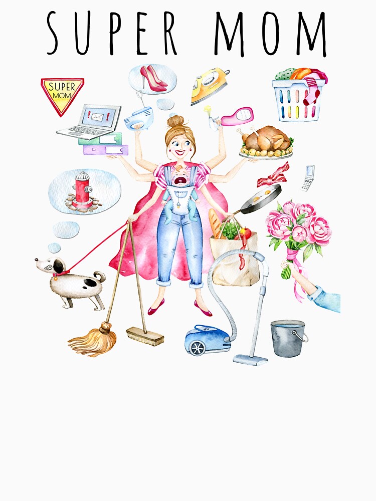 Super Mom watercolor illustration, Best Mom, Multitasking Mom by SimpleWishesArt