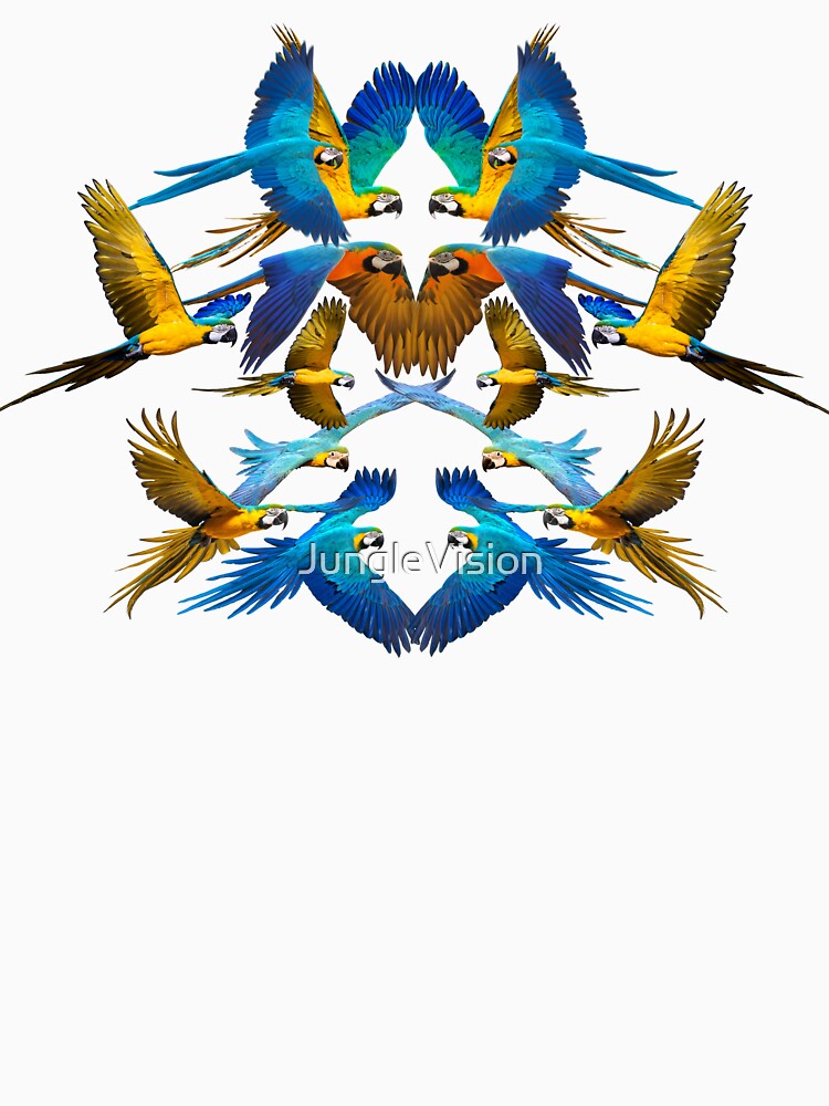 Flock of Blue and Gold Macaws with White Background by JungleVision