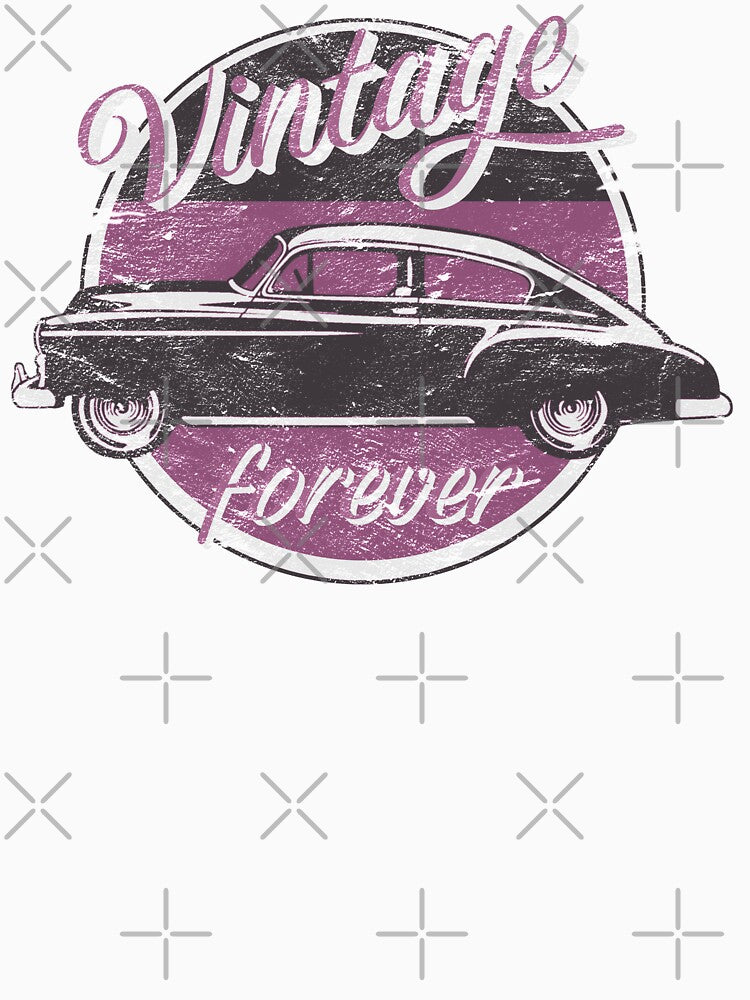Vintage Car Forever Dull Earthy Toned Magenta Color Distressed Slogan Design by TrulyEpoque