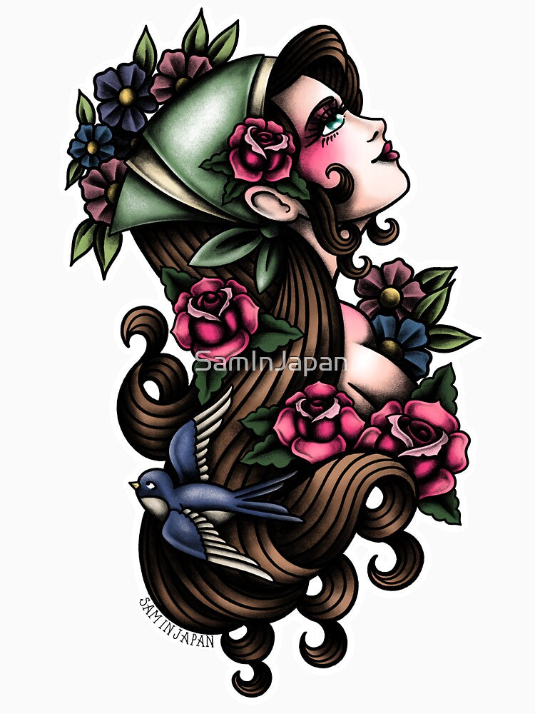 Flower Girl Aerith from Final Fantasy Tactics in American Traditional Tattoo Portrait Style by SamInJapan