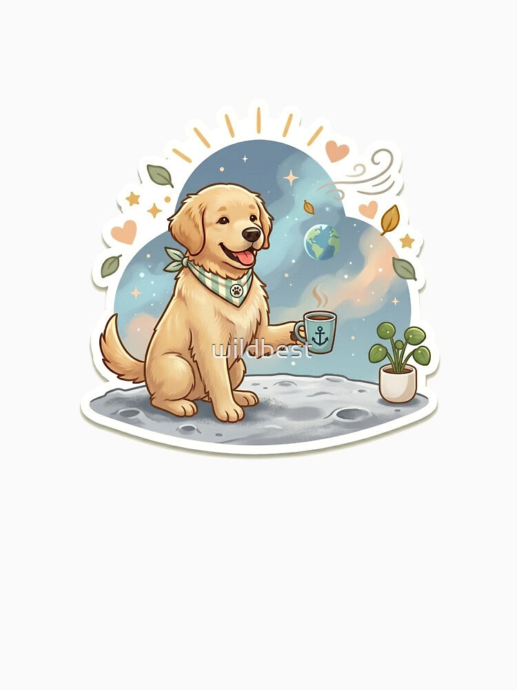 Smiling Dog Drinking Coffee on the Moon – Cute Space Sticker by wildbest