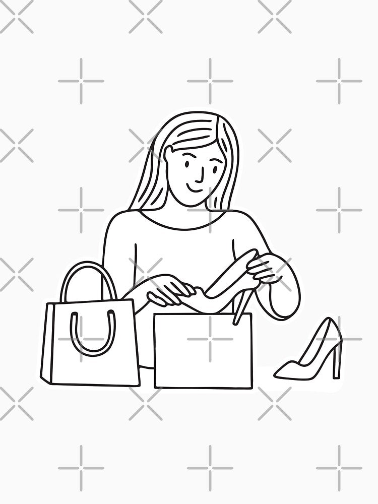 A woman opening new heels next to a shopping bag by rasagamastore