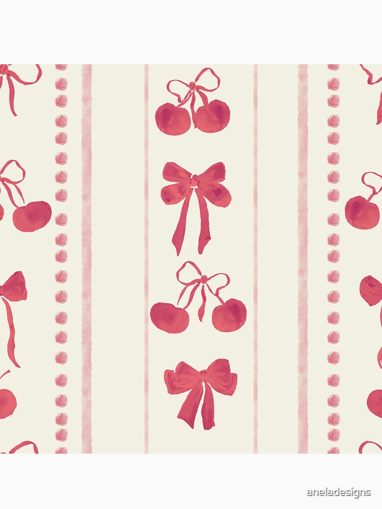 Deep Red Cute Coquette Preppy Aesthetic Bows and Cherries Stripes in Watercolor by aneladesigns