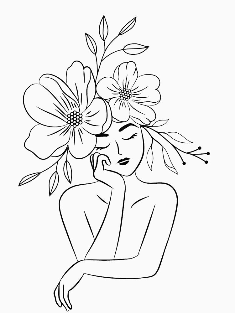 Minimal line art girl with flowers by synthesizer
