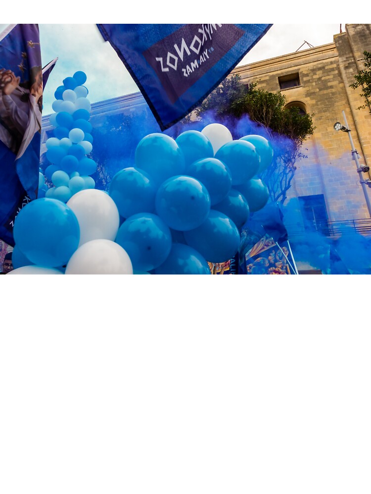 Blue and White Balloons and Confetti Celebration Outside Historic Building During Street Festival Parade by Nmallia
