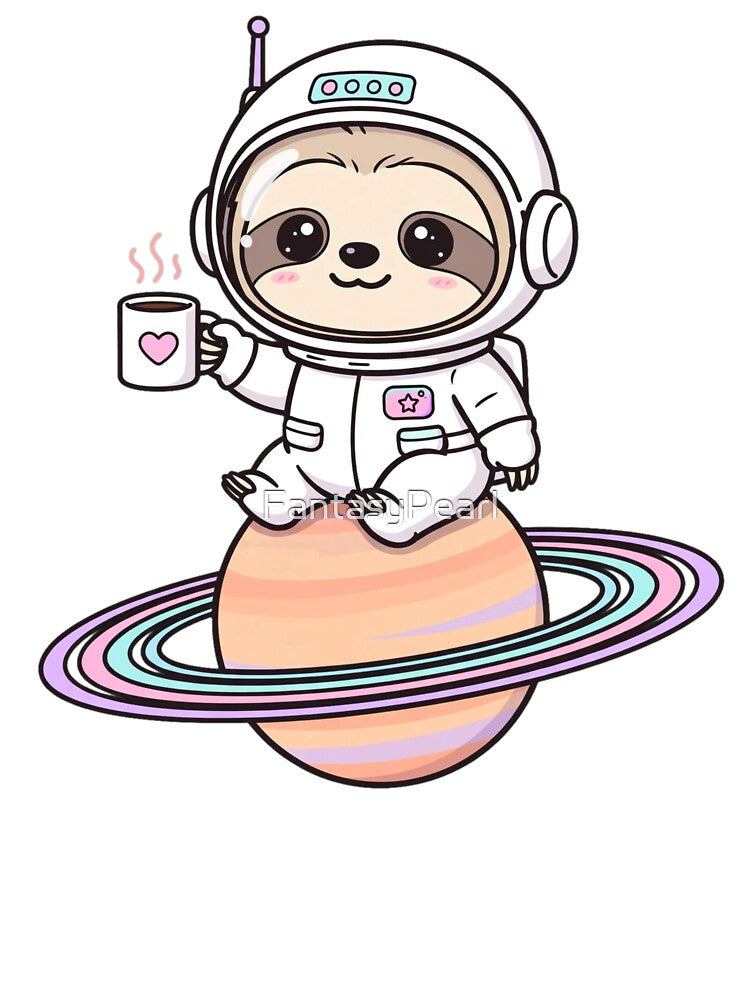Retro 80s Sloth Astronaut Drinking Coffee on Saturn Kawaii by FantasyPearl