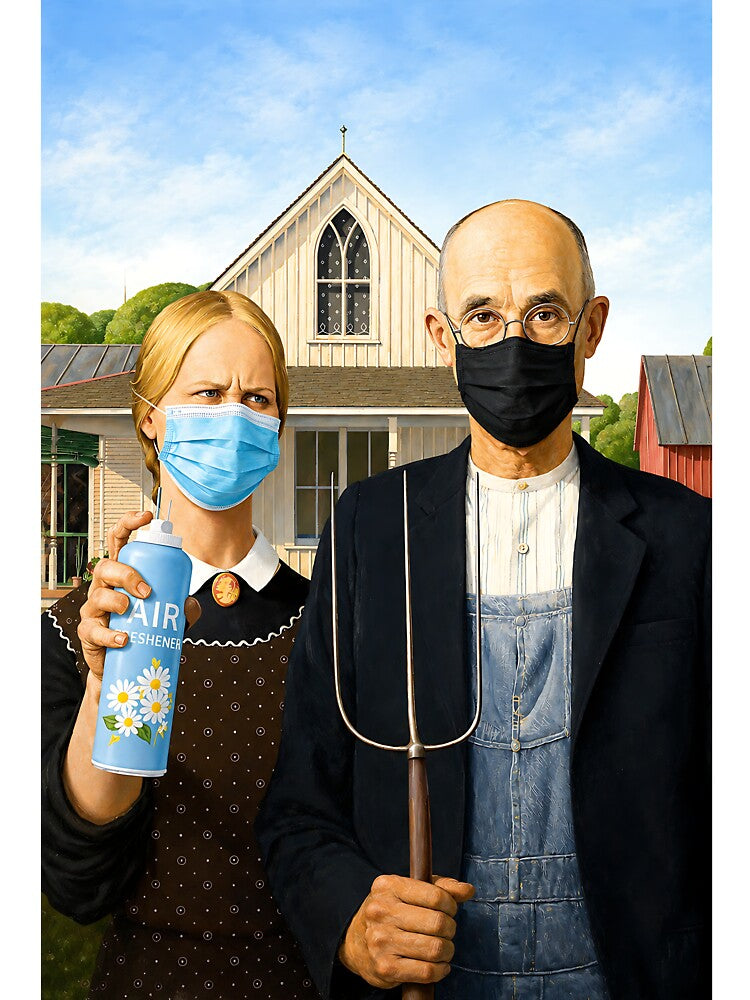 American Gothic Masked Reaction Art | Funny Parody Wall Art & T-Shirt Design by Awful Whiff Art Co
