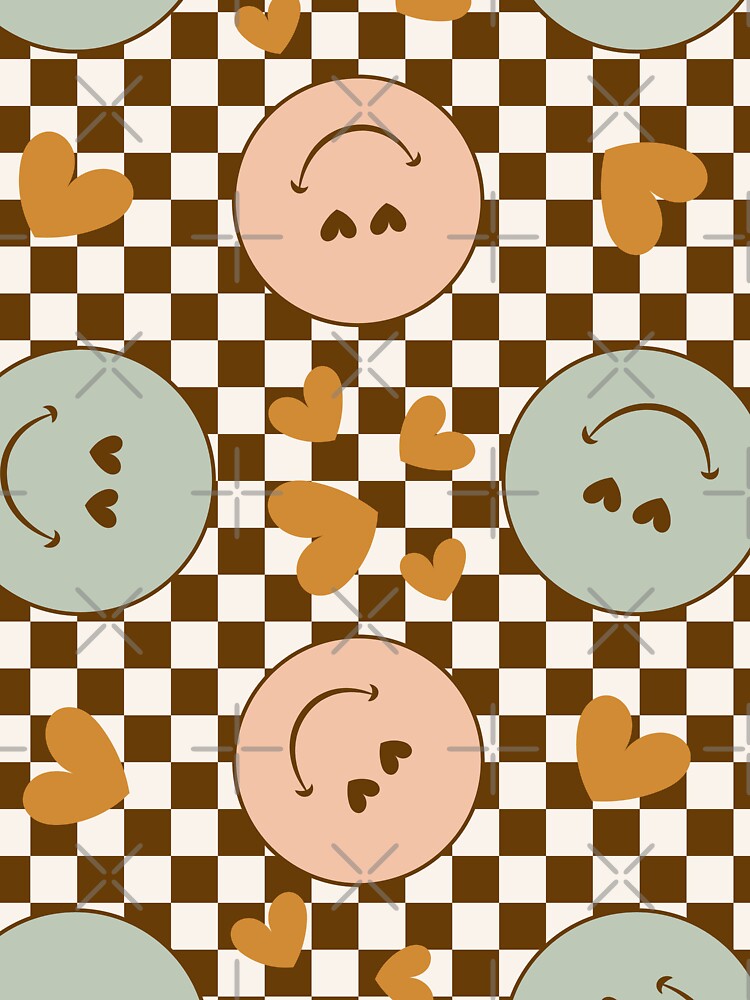 Cute smiley print with hearts and checks - pink and sage green by RSDigitalPrintDesign