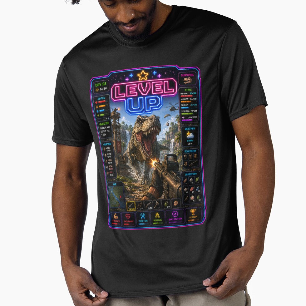 Level Up Dino Survival | Retro T-Rex Adventure Gamer Design by LevelUp!