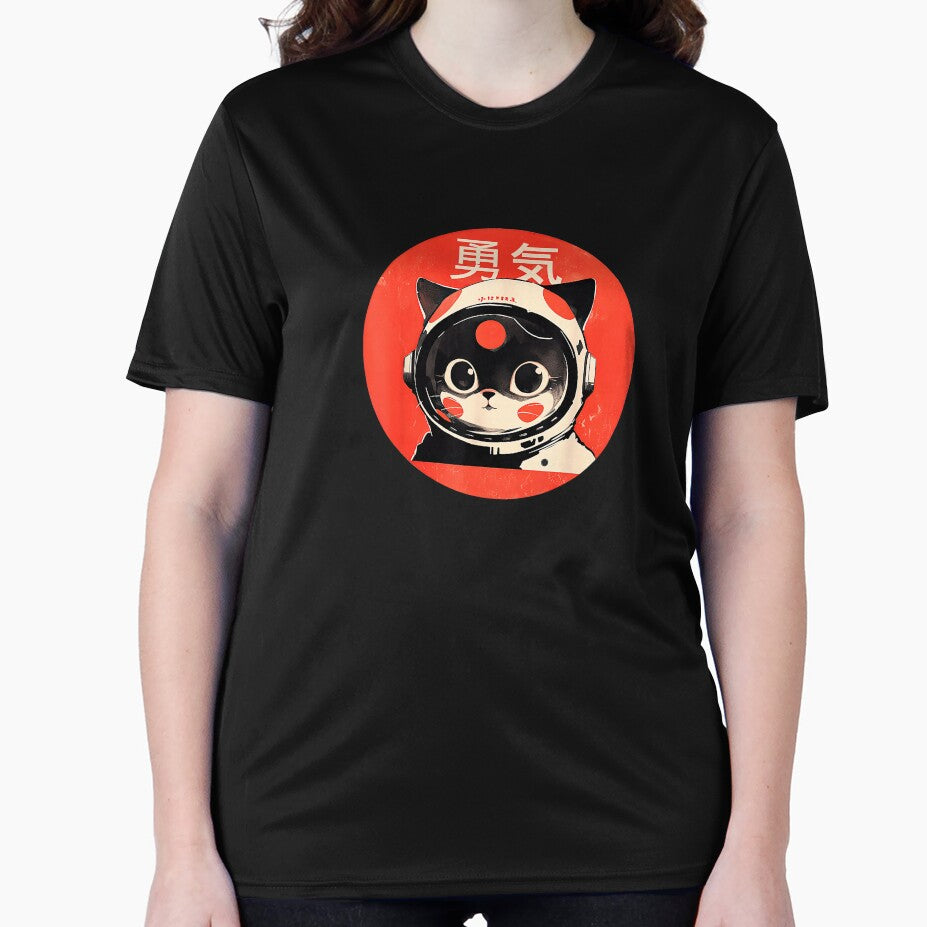 Space Cat Courage Japanese Retro Kawaii Cute Astronaut Cat T-Shirt by JJLetterDesigns