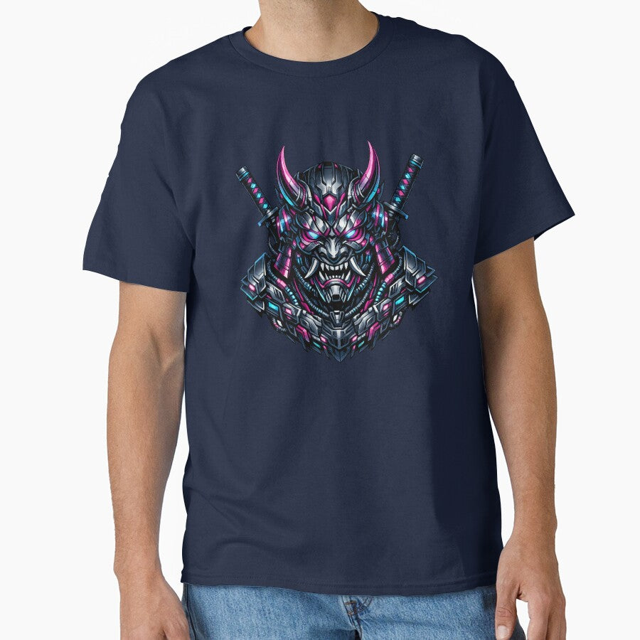 Cyber Oni Samurai Neon Japanese Mask  Futuristic Streetwear Graphic T-Shirt Design by HAFIZ-DP