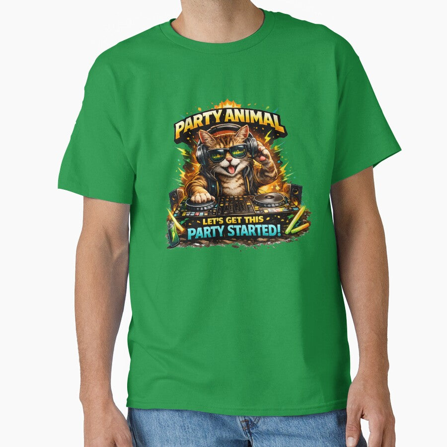 Party Animal DJ Cat Funny T-Shirt | Cool Music Lover Trendy Graphic Design by Nixora