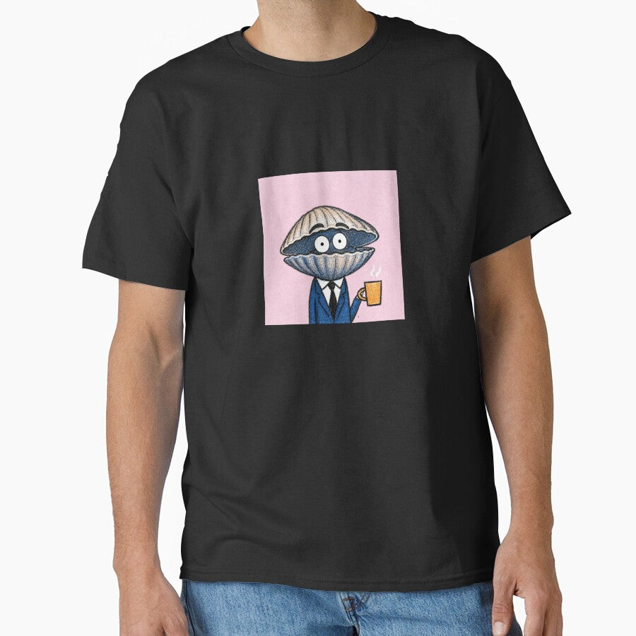 Funny Clam in Suit Drinking Coffee – Cute Business Clam Cartoon Art by 516 Studio
