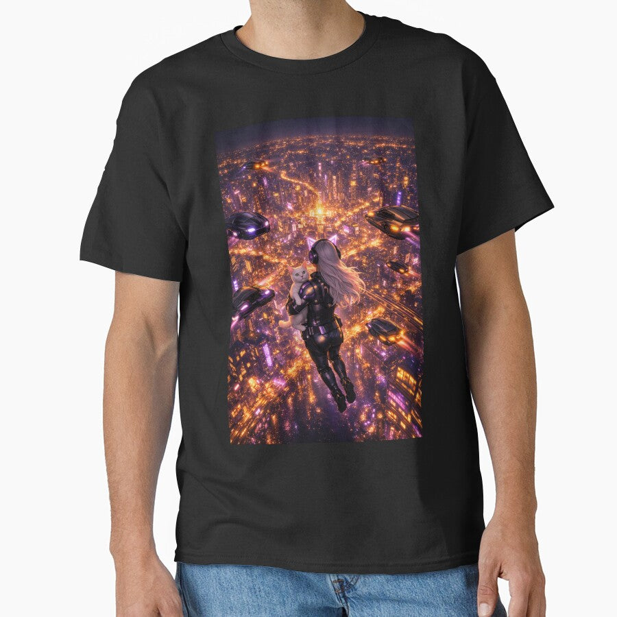 Cyberpunk Girl and White Cat Flying Over Neon Metropolis Art by UmSkelig834