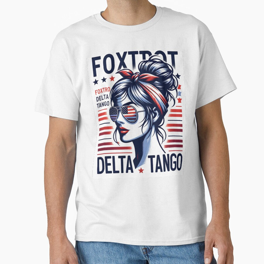 Foxtrot Delta Tango Woman with Messy Bun and Bandana – Fun Independence Day Design by Fragy72