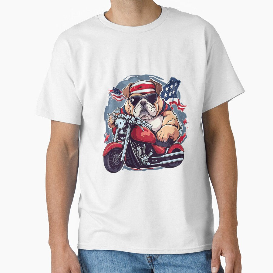 Patriotic bulldog with red motorcycle in front of USA flag by WallGemsArt