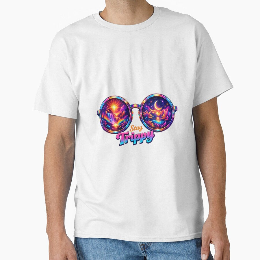 Stay Trippy Psychedelic Sunglasses T-Shirt – Neon Retro Festival Art for Rave Fans & Trippy Aesthetic Lovers by GemBob Creations