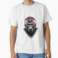 Gorilla Red Headphones Black White T-Shirt by Dew's