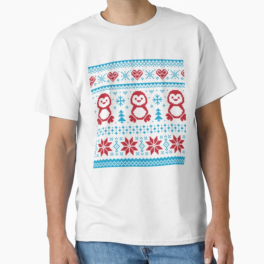Ugly Christmas Sweater red Penguins Hearts Flowers Blue by Jaydee001