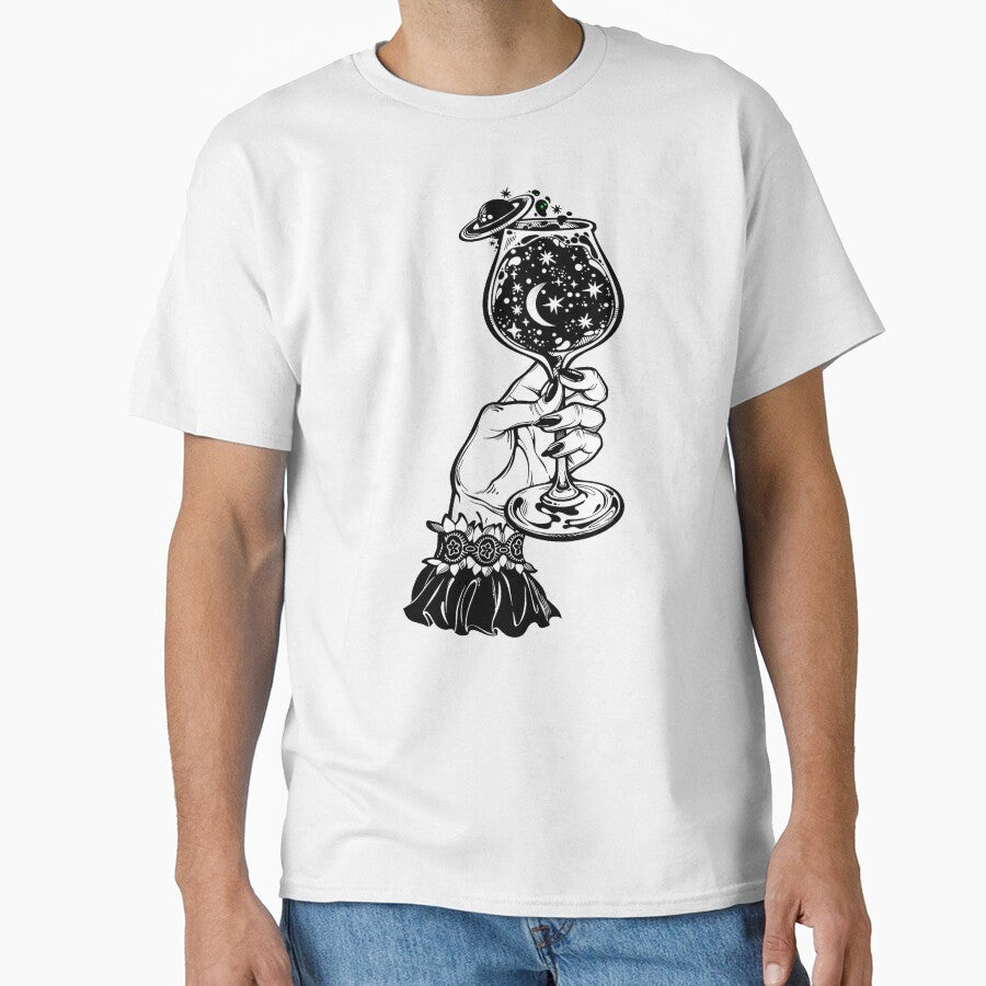 Elegant female hand holding a universe in a glass by ExocetMerch