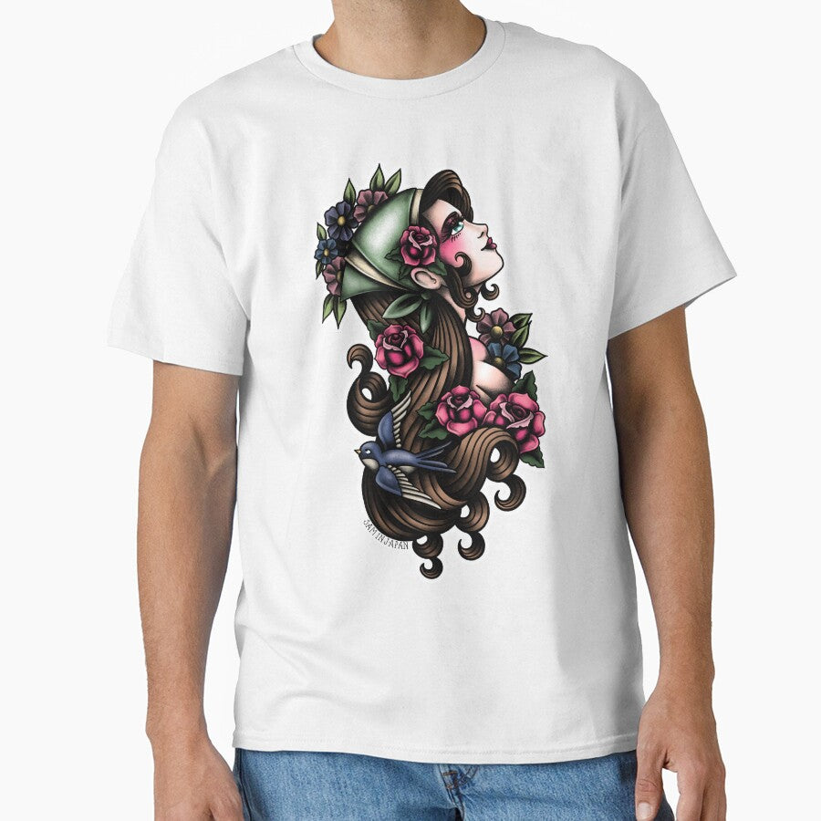 Flower Girl Aerith from Final Fantasy Tactics in American Traditional Tattoo Portrait Style by SamInJapan