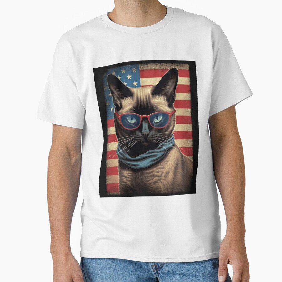 Patriotic Siamese Cat In Front Of American Flag by ZenEverAI