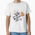 Mischievous Raccoon Stealing Pizza Minimalist Cartoon T-Shirt Design by Studio Atharv