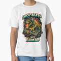 Drop Beats Not Bombs DJ T-Rex T-Shirt | Funny Dinosaur DJ Graphic | EDM Music Lover Retro Tee | Rave Festival Gift by lukes designs