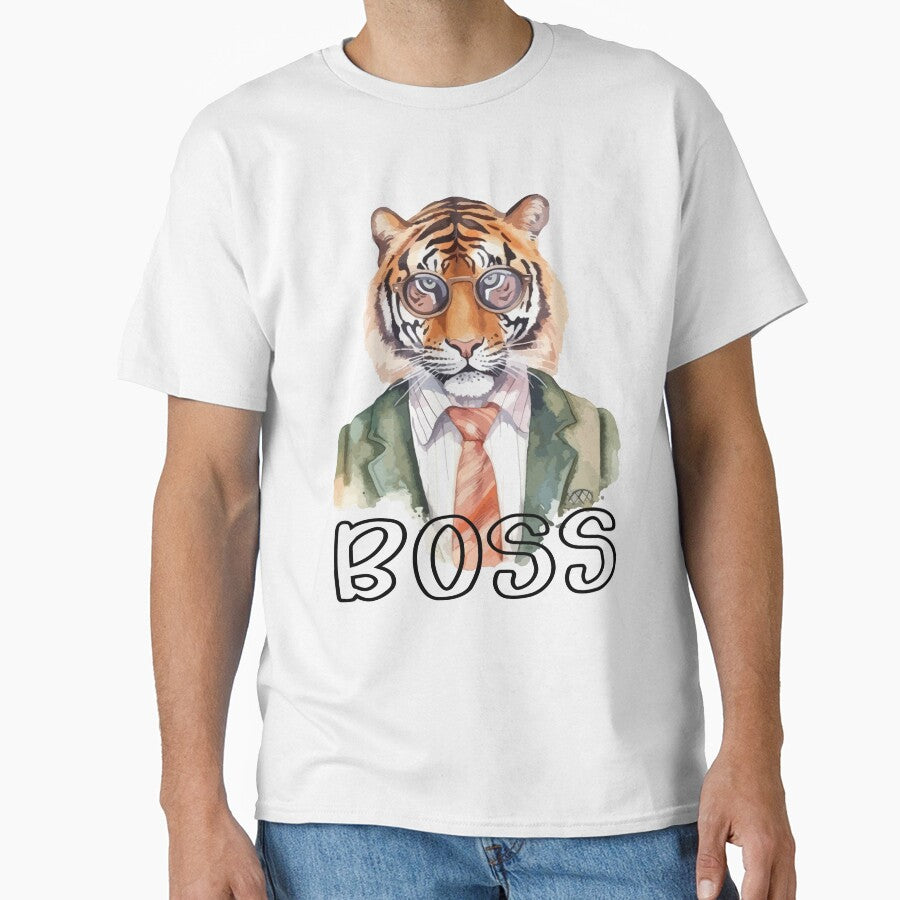 Watercolour tiger in a suit and glasses. Boss tiger - letter quote. Humor poster, t-shirt composition, hand drawn print style. by Anastasiia Yurevych