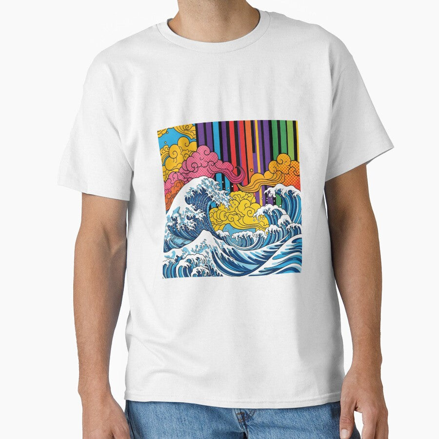 Pop Art Great Wave Ukiyo-e Style | Vibrant Rainbow Striped Ocean Art | Neo-Japanese Comic Book Design by Badis  Mardessi