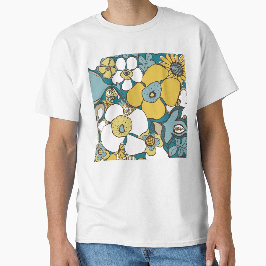 Floral Doodles in Teal Blue Brown White Mustard Yellow by Delinda Graphic Studio