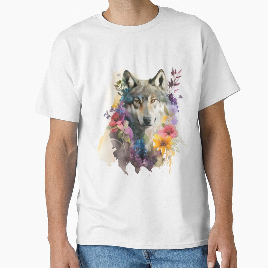 Majestic Wolf: A Watercolor Portrait Surrounded by Blooming Beauty by NathalieRached