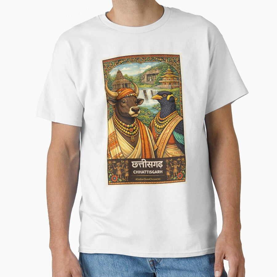 Chhattisgarh T-Shirt | Heritage Wild Buffalo & Hill Myna Art | IndianStateChronicles by freezed-frames