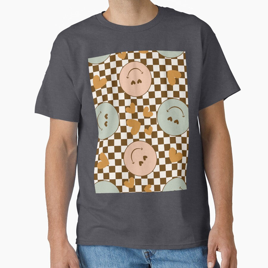 Cute smiley print with hearts and checks - pink and sage green by RSDigitalPrintDesign