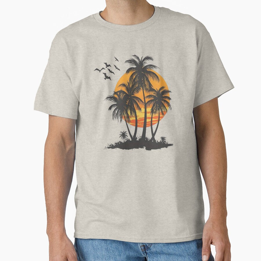 Vintage Tropical Sunset Paradise – Retro Palm Tree Beach Silhouette T-Shirts by HomeFarShop
