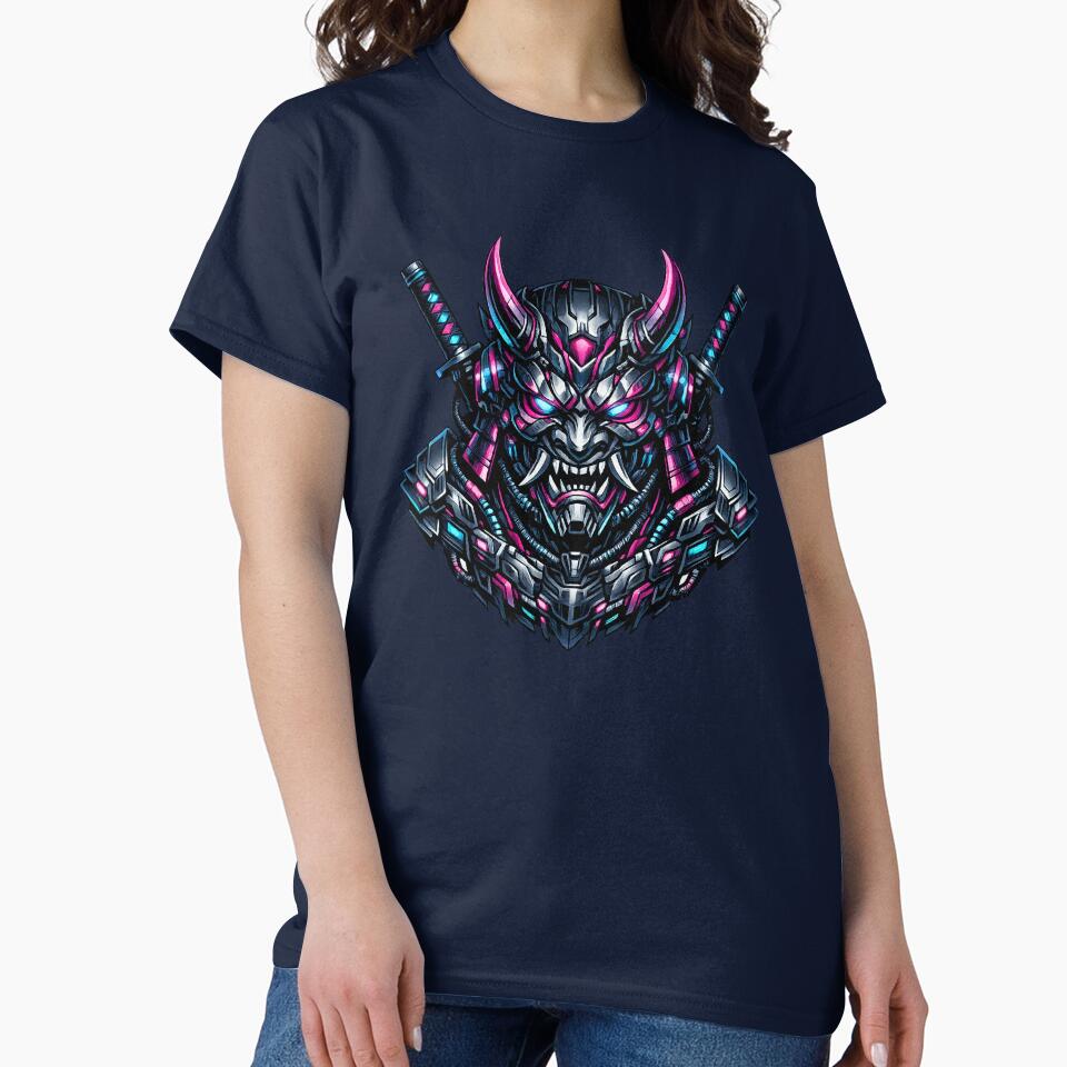 Cyber Oni Samurai Neon Japanese Mask  Futuristic Streetwear Graphic T-Shirt Design by HAFIZ-DP