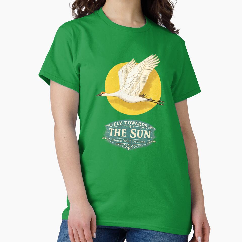 Fly Towards the Sun | Vintage Crane Bird T-Shirt | Inspirational Nature Design by Saeed  Ahmad